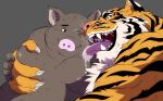  2019 anthro belly domestic_pig duo felid gadoran grope kemono licking male mammal moob_grab moobs nipples one_eye_closed overweight overweight_male pantherine suid suina sus_(pig) tiger tongue tongue_out yellow_body yellow_eyes 