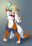  2020 anthro blonde_hair blue_eyes bottomwear breasts clothing coat digitigrade genitals hair halcy0n hi_res holding_object holding_potion implied_transformation kangaroo lab_coat looking_up macropod mammal marsupial navel nipples potion pussy shorts simple_background smile solo topwear 