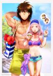  1boy 1girl abs bag breasts earrings flik_(gensou_suikoden) gensou_suikoden gensou_suikoden_ii hairband jewelry long_hair macrib navel open_mouth shorts sierra_mikain swimsuit tree viktor_(gensou_suikoden) 