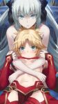  2girls black_bow black_panties blonde_hair blush bow braid breasts detached_sleeves fate/grand_order fate_(series) green_eyes hair_bow highres hug loincloth looking_at_viewer midriff mordred_(fate) morgan_le_fay_(fate) multiple_girls navel panties silver_hair small_breasts tonee underboob underwear 