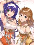  2girls :d arm_up armlet armpits blue_eyes blue_hair blush bracelet breasts brown_hair choker cleavage collarbone dancer dancer_(three_houses) dress fire_emblem fire_emblem:_path_of_radiance fire_emblem:_radiant_dawn fire_emblem:_three_houses greek_clothes green_eyes haru_(nakajou-28) jewelry looking_at_viewer medium_breasts mia_(fire_emblem) mist_(fire_emblem) multiple_girls one_eye_closed open_mouth simple_background single-shoulder_dress smile 