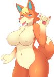 absurd_res animal_crossing anthro audie_(animal_crossing) big_breasts blonde_hair blush breasts canid canine canis female fur hair hi_res looking_at_viewer mahorang mammal nintendo nude orange_body smile solo tongue video_games wolf 