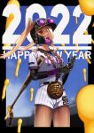  1girl 2022 absurdres balloon bangs baseball_bat baseball_uniform black_gloves breasts chain dark-skinned_female dark_skin ebi_(ebi-0111) eyewear_on_headwear gloves gold_chain hair_over_one_eye happy_new_year helmet highres long_hair medium_breasts nengajou new_year one_eye_covered onitsuka_tiger original red_eyes shirt shorts sportswear striped striped_shorts sunglasses white_shirt 