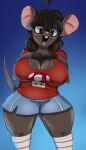  absurd_res anthro beauty_mark big_breasts big_ears blue_background bottomwear breasts brown_body brown_fur brown_hair buckteeth cleavage clothed clothing eyewear female footwear fur glasses gwen_geek gwen_martin hair hi_res knee_highs knee_socks legwear mammal markings mole_(marking) mouse murid murine open_mouth pattern_clothing pink_nose red_clothing red_shirt red_topwear rodent shirt shorts simple_background slightly_chubby smile smiling_at_viewer socks solo striped_clothing stripes teeth thick_thighs topwear wide_hips word360 