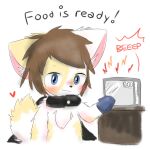  &lt;3 anthro appliance blue_eyes blush brown_hair cape clothing cooking domestic_cat english_text felid feline felis fur furniture hair handwear hi_res kitchen_appliance looking_at_viewer male mammal microwave_oven multicolored_body multicolored_fur oven_mitts pink_inner_ear simple_background solo table text tringa tringa_(character) white_background white_body white_fur yellow_body yellow_fur 