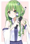  1girl absurdres bangs bare_shoulders blush border breasts collared_shirt detached_sleeves eyebrows_visible_through_hair eyes_visible_through_hair frog_hair_ornament green_eyes green_hair grey_skirt hair_ornament hair_tubes hands_up highres kochiya_sanae long_hair long_sleeves looking_to_the_side medium_breasts open_mouth pink_background shirt simple_background skirt snake_hair_ornament solo standing stigma1101 touhou white_border white_shirt wide_sleeves 