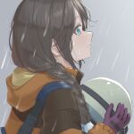  1girl black_hair braid commentary gloves green_eyes grey_background hair_over_shoulder headwear_removed helmet helmet_removed highres idolmaster idolmaster_shiny_colors jacket looking_away looking_up mitsumine_yuika no_eyewear purple_gloves rain single_braid solo umirororo wet yellow_jacket 