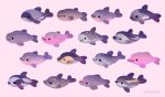  ._. animal animal_focus artist_name black_eyes closed_eyes closed_mouth fins no_humans original pikaole pink_background porpoise smile tail_fin teeth too_many 