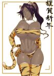 1girl animal_ears animal_print bleach breasts dark_skin elbow_gloves gloves highres iwao178 large_breasts long_hair looking_at_viewer ponytail purple_hair shihouin_yoruichi shiny shiny_skin smile standing tail thighhighs tiger_ears tiger_print tiger_tail yellow_eyes 