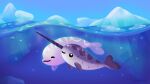  ._. animal animal_focus artist_name black_eyes bubble closed_eyes closed_mouth day fins horns ice iceberg narwhal no_humans original outdoors pikaole single_horn smile spots tail_fin underwater water 