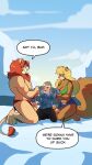  2019 anthro biped black_bottomwear black_clothing black_pants blonde_hair blue_clothing blue_shirt blue_topwear bottomwear brown_body brown_fur callie_(furry_force) clothing comic crop_top cutoffs daisy_dukes denim denim_clothing dialogue digitigrade english_text felid female fur furry_force glacier green_clothing green_shirt green_topwear group hair hairy_arms hairy_legs hi_res hotpants human ice kneeling komoroshi_(artist) larger_anthro larger_male leon_(furry_force) lion long_hair male male/female male/male mammal mane pantherine pants plantigrade red_clothing red_mane red_thong red_underwear rodent sciurid shirt shorts size_difference smaller_human smaller_male smile soaked speech_bubble squirrel_tail sweater text thong thong_only topwear trio underwear water wilson_(furry_force) yellow_body yellow_fur 