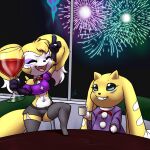  alcohol anthro bandai_namco belt beverage clothing container crop_top cup cute_fangs digimon digimon_(species) drinking_glass duo facial_markings female female/female fenekmon fire fireball fireworks fur furball_(artist) furniture gesture glass glass_container glass_cup head_markings hi_res hybrid impmon legwear markings navel open_mouth pointing pointing_up purple_clothing renamon renimpmon renimpmon_x shirt short_stack smile stockings table topwear wine_glass yellow_body yellow_fur 