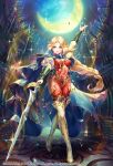  1girl blonde_hair bodysuit boots braid cloak crescent highres holding holding_sword holding_weapon jewelry long_hair moon nemusuke official_art protagonist_(romancing_saga_2) red_bodysuit romancing_saga_2 romancing_saga_re;universe saga square_enix sun_(ornament) sword thigh_boots thighhighs weapon 