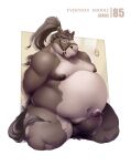  2018 absurd_res anthro balls belly bodily_fluids brown_body equid equine erection genital_fluids genitals hi_res horse male mammal moobs navel nipples overweight overweight_male penis pony precum solo wolver_mustang 