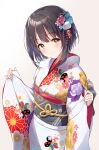  1girl black_hair blush bob_cut commentary different eyebrows_visible_through_hair floral_print flower furisode hair_flower hair_ornament head_tilt highres idolmaster idolmaster_cinderella_girls japanese_clothes kimono looking_at_viewer obi pinching_sleeves print_kimono sash simple_background smile solo symbol-only_commentary takafuji_kako upper_body white_background white_kimono yellow_eyes 