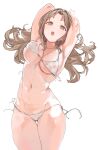  1girl absurdres armpits arms_up bikini brown_eyes brown_hair commentary_request highres ichikawa_hinana idolmaster idolmaster_shiny_colors karya long_hair looking_at_viewer navel open_mouth side-tie_bikini solo string_bikini swimsuit white_background white_bikini 