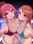  2girls :o absurdres armpits bikini blush breasts cleavage collarbone eyebrows_visible_through_hair fang green_bikini highleg highleg_panties highres hojo_karen idolmaster idolmaster_cinderella_girls jougasaki_mika looking_at_viewer midriff multiple_girls murabito_c navel night orange_hair outdoors panties pink_hair ponytail pool purple_bikini swimsuit underwear upper_body water_drop 