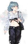  1girl absurdres alternate_costume alternate_hairstyle bag bangs black_pants black_shirt blue_eyes blue_hair byleth_(fire_emblem) byleth_(fire_emblem)_(female) casual commentary_request contemporary cowboy_shot crop_top cropped_hoodie drawstring fire_emblem fire_emblem:_three_houses handbag highres holding hood hoodie long_hair looking_to_the_side midriff navel paiiart pants parted_lips ponytail shirt solo standing stomach white_background white_hoodie 