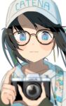  1girl bangs baseball_cap black_hair blue_eyes blurry blurry_foreground blush_stickers camera collarbone commentary_request earrings glasses hat highres holding holding_camera hood hood_down hoodie hoop_earrings idolmaster idolmaster_shiny_colors jewelry kakuzato looking_at_viewer mitsumine_yuika reflection simple_background sleeves_past_wrists strap swept_bangs twintails upper_body white_background white_hoodie 