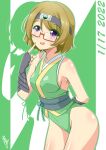  1girl absurdres bangs birthday blush breasts brown_hair bunji dated eyebrows_visible_through_hair forehead_protector glasses highres koizumi_hanayo leotard love_live! love_live!_school_idol_project medium_breasts ninja purple_eyes red-framed_eyewear semi-rimless_eyewear shiny shiny_hair shiny_skin short_hair solo sweatdrop under-rim_eyewear 