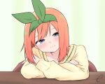  1girl bangs blue_eyes blush closed_mouth collarbone commentary_request eyebrows_behind_hair go-toubun_no_hanayome green_ribbon hair_ribbon head_tilt kotatsu kujou_karasuma long_sleeves looking_at_viewer nakano_yotsuba orange_hair puffy_long_sleeves puffy_sleeves ribbon signature smile solo sweater table upper_body yellow_sweater 