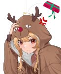  1girl absurdres animal_costume bangs blonde_hair blush breasts brown_eyes cleavage closed_mouth embarrassed gift hand_on_head highres looking_at_viewer medium_breasts medium_hair meishibiecheai original reindeer_costume simple_background solo upper_body white_background 