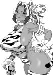  1girl animal_hands animal_print breasts dark-skinned_female dark_skin fang hand_on_hip large_breasts long_hair mole mole_under_eye monochrome multicolored_hair muscular muscular_female obmas_(pfeito) original ponytail short_eyebrows sideboob sketch solo swimsuit tail thighhighs tiger_print tiger_tail white_background 