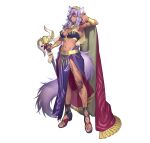  1girl absurdres animal_ears armpits bracelet breasts cane cape commentary_request criss-cross_halter dark-skinned_female dark_skin eyepatch fingernails fire_emblem fire_emblem:_radiant_dawn fire_emblem_heroes full_body gold_trim green_eyes halterneck hand_up highres holding jewelry looking_at_viewer medium_breasts midriff nailah_(fire_emblem) navel official_art parted_lips pelvic_curtain purple_eyes ring simple_background solo standing stomach tail tattoo toeless_footwear toes white_background wolf_ears wolf_tail 