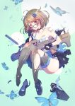  1girl aqua_background ass assault_rifle bandaid bandaid_on_breast black_skirt blue-framed_eyewear blue_butterfly blue_panties bra breasts brown_eyes brown_hair bug bullpup butterfly choker cleavage commentary_request damaged fingerless_gloves full_body girls&#039;_frontline glasses gloves gun hair_ornament highres looking_at_viewer medium_breasts messy_hair off_shoulder panties rifle sakurapiyo2 sar-21 sar-21_(girls&#039;_frontline) shoe_removed shoes short_hair skirt solo thighhighs torn_clothes torn_legwear torn_skirt underwear weapon 