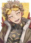  1boy artist_name blonde_hair bodysuit bodysuit_under_clothes boku_no_hero_academia border burn_scar costume drawn_ears earrings eyewear_on_head facial_hair facial_mark feathered_wings fur-trimmed_jacket fur_trim goatee hawks_(boku_no_hero_academia) head_tilt jacket jewelry kadeart looking_at_viewer male_focus open_mouth outside_border pectoral_cleavage pectorals red_feathers rimless_eyewear scar scar_on_cheek scar_on_face scar_on_neck short_hair sideburns simple_background skin_tight solo speech_bubble stud_earrings talking tinted_eyewear toned toned_male upper_body white_border wings yellow_eyes 