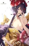  1girl absurdres bangs bare_shoulders blue_eyes blush breasts bsq calligraphy_brush cleavage collarbone fate/grand_order fate_(series) giant_brush hair_ornament hairpin highres japanese_clothes katsushika_hokusai_(fate) kimono large_breasts long_sleeves looking_at_viewer off_shoulder open_mouth paintbrush purple_hair purple_kimono red_kimono sash short_hair solo wide_sleeves 