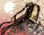  1boy androgynous bishounen black_hair branch cherry_blossoms chinese_clothes circlet commentary_request hanfu long_hair looking_at_viewer male_focus mole mole_under_eye original outdoors p-suke parted_lips pink_background pink_eyes solo sun upper_body 