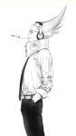  1boy amplifier belt boku_no_hero_academia bulge character_name cigarette cowboy_shot crested_hair dress_pants dress_shirt expressionless facial_hair from_side glasses greyscale hair_up hand_in_pocket headphones highres lineart long_hair long_sleeves looking_ahead male_focus monochrome mouth_hold mustache necktie present_mic profile shirt simple_background sleeves_folded_up smoke_trail smoking solo tinted_eyewear ura_musi watch white_background wristwatch 