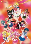  1990s_(style) 6+girls aino_minako aqua_hair back_bow bishoujo_senshi_sailor_moon black_hair black_skirt blonde_hair blue_hair blue_skirt bow brown_hair chibi_usa dual_wielding elbow_gloves gloves green_hair green_skirt hair_bobbles hair_ornament high_ponytail highres hino_rei holding holding_staff holding_wand kaiou_michiru kino_makoto light_brown_hair logo long_hair magical_girl meiou_setsuna miniskirt mizuno_ami multicolored_clothes multicolored_skirt multiple_girls non-web_source official_art open_mouth orange_skirt pink_hair pink_skirt pleated_skirt red_skirt retro_artstyle sailor_chibi_moon sailor_jupiter sailor_mars sailor_mercury sailor_moon sailor_neptune sailor_pluto sailor_uranus sailor_venus short_hair skirt smile staff super_sailor_chibi_moon super_sailor_moon ten&#039;ou_haruka tiara tsukino_usagi twintails very_long_hair wand 