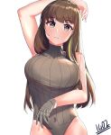  1girl absurdres arm_behind_head bangs blush breasts brown_hair closed_mouth eyebrows_visible_through_hair feet_out_of_frame girls&#039;_frontline gloves grey_eyes grey_gloves grey_sweater_vest highres kaicchi large_breasts leotard long_hair looking_at_viewer m4a1_(girls&#039;_frontline) multicolored_hair solo standing sweater_vest white_background 