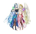  2girls absurdres azura_(fire_emblem) bangs blonde_hair blue_eyes breasts feathered_wings fire_emblem fire_emblem:_radiant_dawn fire_emblem_fates fire_emblem_heroes highres kaya8 lene_(fire_emblem) long_hair medium_breasts midriff multiple_girls navel official_art simple_background stomach white_background wings 