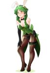  1girl alternate_costume animal_ears bare_shoulders black_gloves black_legwear black_leotard blush bow bowtie breasts cleavage collarbone commission detached_collar elbow_gloves embarrassed fake_animal_ears fire_emblem fire_emblem:_the_blazing_blade flower gloves green_eyes green_hair hair_flower hair_ornament high_heels highleg highleg_leotard highres large_breasts leotard open_mouth pantyhose playboy_bunny rabbit_ears rebecca_(fire_emblem) redbug simple_background solo strapless strapless_leotard twintails white_background 