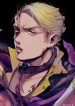  1boy 723_(tobi) bangs black_choker blonde_hair blood blood_on_face blue_eyes choker grateful_dead jacket jojo_no_kimyou_na_bouken lips long_sleeves looking_at_viewer prosciutto purple_jacket solo twitter_username v-shaped_eyebrows vento_aureo 