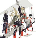  4girls abstract_background alternate_costume animal_ears arknights armband bangs bear_ears black_coat black_footwear black_hair black_jacket black_legwear black_shirt blonde_hair blunt_bangs bright_pupils brown_pants buttons ch&#039;en_(ageless_afterglow)_(arknights) ch&#039;en_(arknights) chinese_clothes clothing_cutout coat commentary dragon_horns dragon_tail dress feet_out_of_frame full_body fur-trimmed_jacket fur_trim green_hair grey_eyes grey_hair grey_skirt hair_bun hair_up highres horns hoshiguma_(arknights) jacket limited_palette lin_yuhsia_(arknights) long_hair long_sleeves looking_at_viewer moa_(fade64222) multicolored_hair multiple_girls oni open_mouth pants pantyhose parted_lips pleated_skirt red_dress serious sheath shirt shoes shoulder_cutout sidelocks single_horn skirt sleeveless sleeveless_dress smile sneakers streaked_hair swire_(arknights) sword symbol-only_commentary tail tailcoat teeth thighhighs tiger_ears upper_teeth very_long_hair weapon white_background white_pupils yellow_eyes 