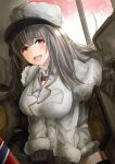  1girl absurdres azur_lane bangs black_gloves blush breasts coat eyebrows_visible_through_hair fur-trimmed_coat fur_trim gloves grey_hair highres large_breasts long_hair looking_at_viewer open_mouth pamiat_merkuria_(azur_lane) papakha red_eyes simple_background smile solo umber00 upper_body white_coat white_headwear 