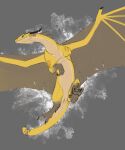  2022 amputee animal_genitalia claws disability dragon female feral flamespitter flying fortune_(flamespitter) genital_slit genitals hi_res horn membrane_(anatomy) membranous_wings missing_arm nude paws scales scalie scar slit solo western_dragon wings yellow_body yellow_scales 