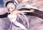  1girl arm_behind_head azur_lane bangs bare_shoulders blue_eyes breasts cleavage closed_mouth dress elbow_gloves eyebrows_visible_through_hair gloves hair_ornament hairclip hane_(feathe02) illustrious_(azur_lane) long_hair looking_at_viewer medium_breasts silver_hair solo upper_body white_dress white_gloves white_headwear 