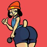  1:1 anthro beanie big_butt brown_eyes butt butt_focus canid canine canis clothing domestic_dog gesture hat headgear headwear hi_res huge_butt humanoid looking_back male mammal microphone parappa parappa_the_rapper rear_view red_background red_clothing red_hat red_headwear shirt simple_background solo sony_corporation sony_interactive_entertainment taillove_(artist) tan_body tank_top thick_thighs tight_clothing topwear video_games 