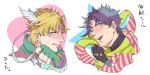  2boys battle_tendency black_hair blonde_hair blue_eyes blush caesar_anthonio_zeppeli facial_mark feather_hair_ornament feathers fingerless_gloves gloves green_eyes hair_ornament headband heart heart-shaped_pupils holding holding_clothes holding_ribbon holding_scarf jojo_no_kimyou_na_bouken joseph_joestar joseph_joestar_(young) kock_k male_focus multicolored_clothes multicolored_scarf multiple_boys ribbon scarf star-shaped_pupils star_(symbol) striped striped_scarf symbol-shaped_pupils triangle_print wing_hair_ornament 