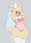  2022 anthro blep blue_eyes blush breasts canid canine canis clothing domestic_dog eyewear female fur glasses gris_swimsuit herding_dog hi_res legwear lizombie mammal meme meme_clothing one-piece_swimsuit pastoral_dog pink_clothing pink_swimwear solo squish swimwear tan_body tan_fur thick_thighs thigh_highs thigh_squish tongue tongue_out towel translucent translucent_clothing translucent_swimwear under_boob welsh_corgi wide_hips 