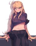  1girl absurdres alma_armas bangs black_gloves black_pants blonde_hair blush breasts closed_mouth clothes_lift eyebrows_visible_through_hair feet_out_of_frame girls&#039;_frontline gloves highres kaicchi large_breasts long_hair looking_at_viewer navel no_bra pants purple_sweater sitting smile solo sweater sweater_lift va-11_hall-a white_background yellow_eyes 