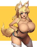  1girl animal_ear_fluff animal_ears areola_slip areolae bangs beltbra black_gloves blonde_hair blue_eyes blush breasts commentary_request cowboy_shot dark-skinned_female dark_skin denim denim_shorts extra_ears eyebrows_visible_through_hair facial_mark fangs fingerless_gloves gloves highres huge_breasts leaning_forward liru long_hair looking_at_viewer o-ring o-ring_top open_mouth ponytail renkin_san-kyuu_magical_pokaan short_shorts shorts simple_background smile solo tail tan thighhighs two-tone_background whisker_markings white_background white_legwear wolf_ears wolf_girl wolf_tail xyv_1 