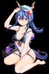  1girl absurdres arknights arm_up bangs bare_arms bare_legs bare_shoulders barefoot bikini black_background black_bikini blue_hair breasts ch&#039;en_(arknights) ch&#039;en_the_holungday_(arknights) cleavage commentary dragon_horns dragon_tail eyewear_on_headwear flower front-tie_bikini front-tie_top hair_between_eyes hair_flower hair_ornament highres horns horns_through_headwear long_hair looking_at_viewer low_ponytail medium_breasts navel noroi_(noroi_03) red_eyes red_flower sidelocks simple_background sitting solo stomach sunglasses swimsuit tail thighs wariza white_headwear 