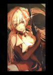  1girl assault_rifle bangs bare_shoulders black_border blonde_hair border breasts brown_eyes choker cleavage commentary_request elbow_gloves eyes_visible_through_hair girls&#039;_frontline gloves gun hair_over_one_eye highres holding holding_gun holding_weapon long_hair looking_at_viewer medium_breasts ots-14 ots-14_(girls&#039;_frontline) rifle sakurapiyo2 smile solo suppressor twitter_username weapon 