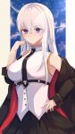  1girl absurdres arm_up azur_lane bangs black_jacket black_necktie black_skirt blush breasts closed_mouth enterprise_(azur_lane) eyebrows_visible_through_hair feet_out_of_frame hand_on_hip hane_(feathe02) highres jacket jacket_pull large_breasts long_hair looking_at_viewer necktie open_clothes open_jacket purple_eyes shirt silver_hair simple_background skirt solo standing white_shirt 